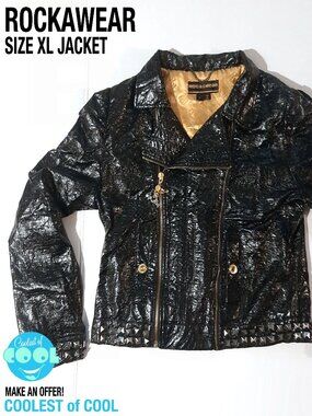 vintage Y2K Rocawear jacket XL black gold crinkled vegan leather pyramid studs